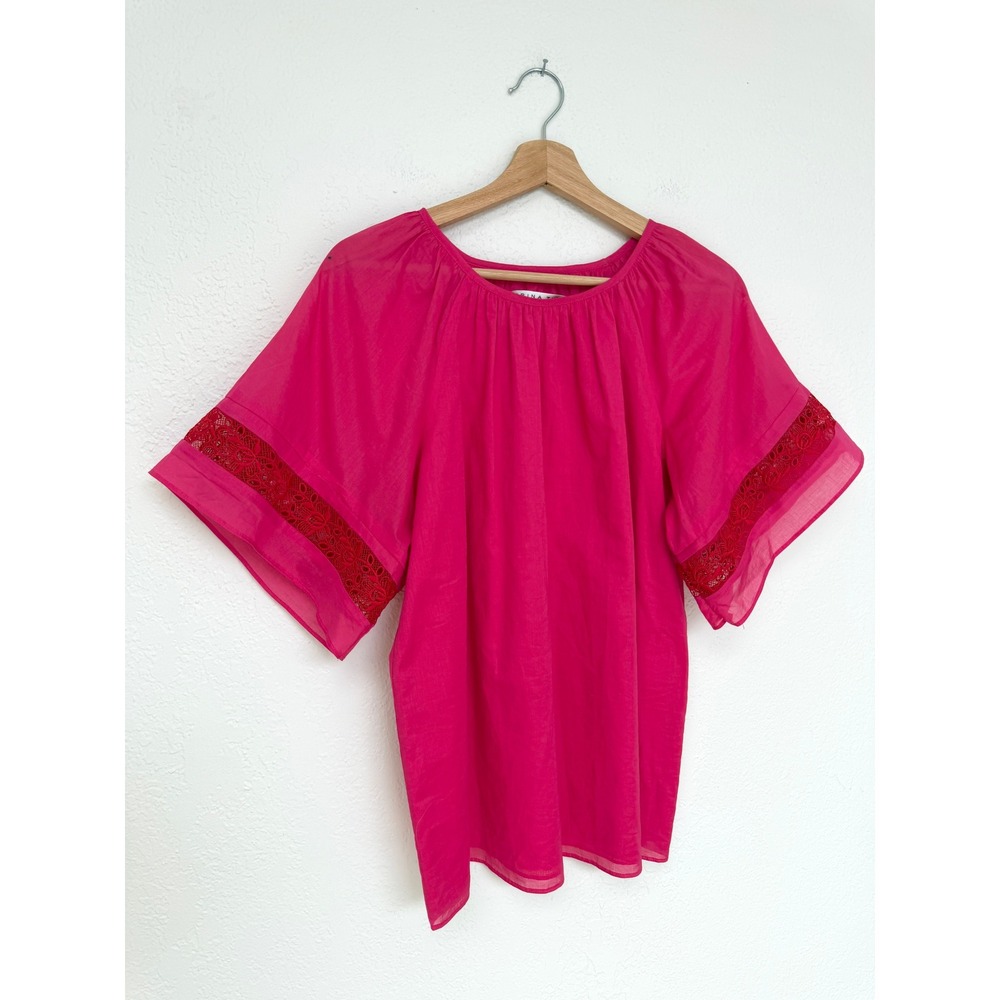 Trina Turk Pink Lace Trim Kimono Sleeve Blouse Fuchsia Gathered Neck Top